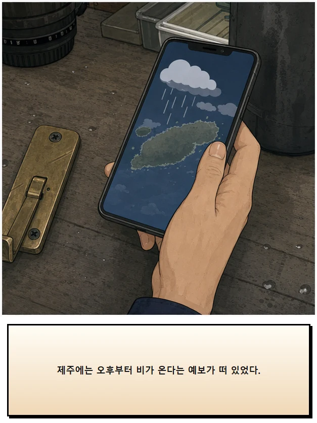 21화: 펴 둔 걸이 2페이지. 제주에는 오후부터 비가 온다는 예보가 떠 있었다.