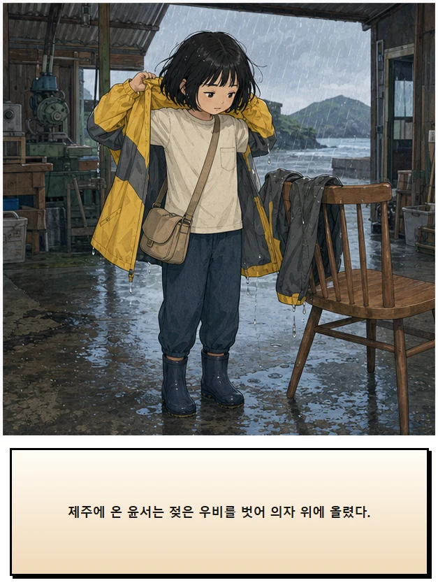 21화: 펴 둔 걸이 4페이지. 제주에 온 윤서는 젖은 우비를 벗어 의자 위에 올렸다.