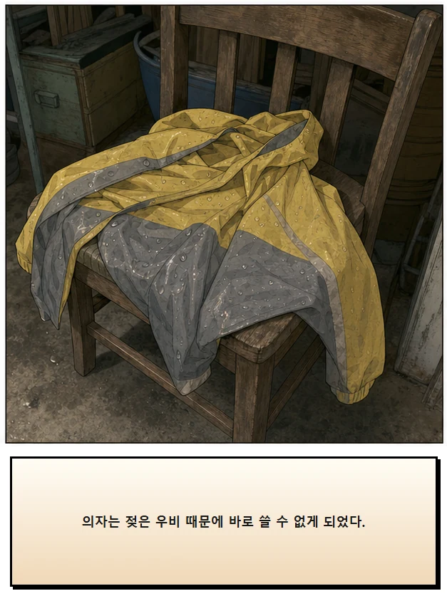 21화: 펴 둔 걸이 5페이지. 의자는 젖은 우비 때문에 바로 쓸 수 없게 되었다.