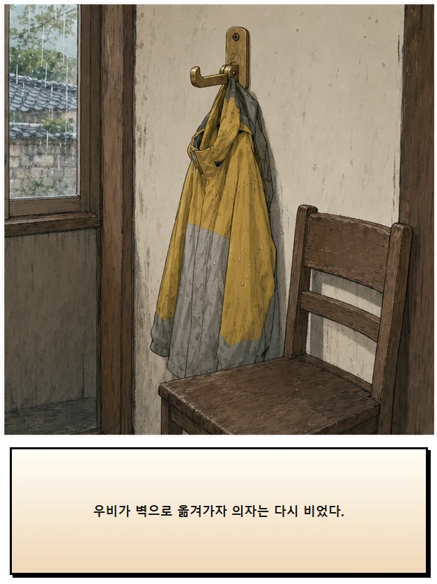 21화: 펴 둔 걸이 9페이지. 우비가 벽으로 옮겨가자 의자는 다시 비었다.