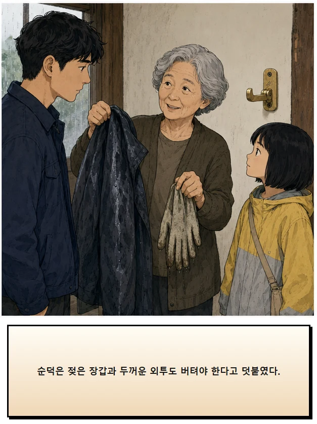 21화: 펴 둔 걸이 10페이지. 순덕은 젖은 장갑과 두꺼운 외투도 버텨야 한다고 덧붙였다.