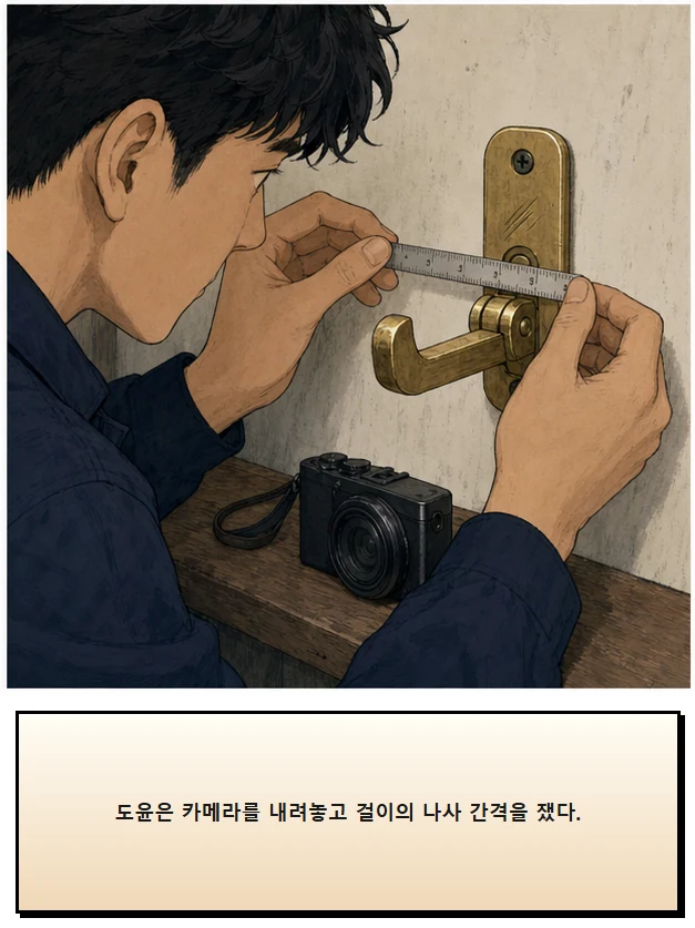 21화: 펴 둔 걸이 11페이지. 도윤은 카메라를 내려놓고 걸이의 나사 간격을 쟀다.