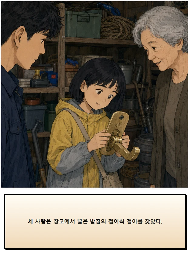 21화: 펴 둔 걸이 12페이지. 세 사람은 창고에서 넓은 받침의 접이식 걸이를 찾았다.