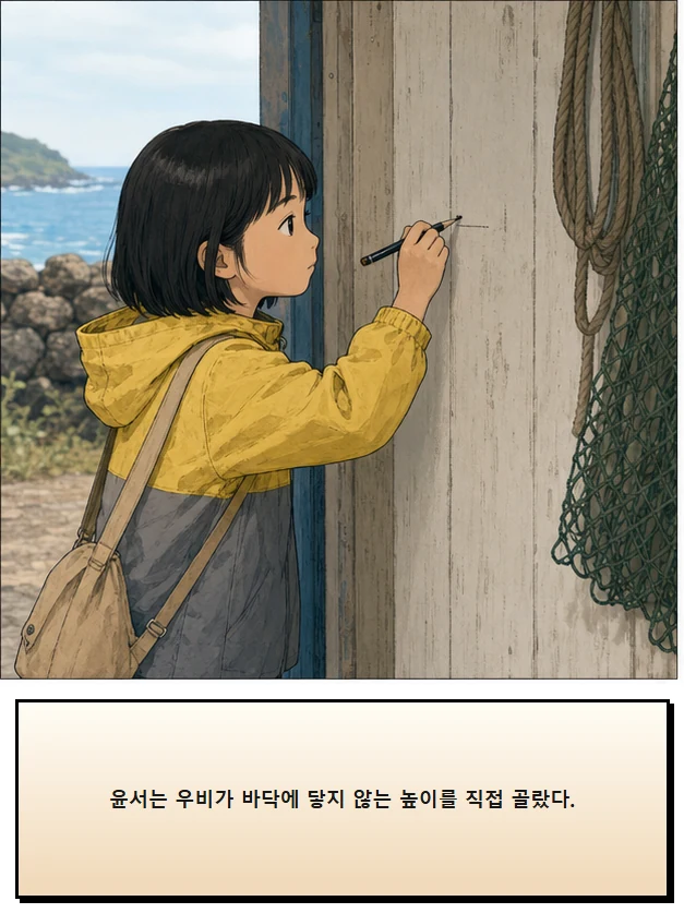 21화: 펴 둔 걸이 13페이지. 윤서는 우비가 바닥에 닿지 않는 높이를 직접 골랐다.
