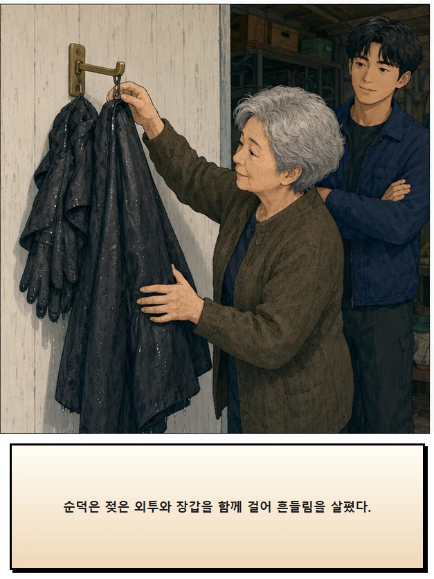 21화: 펴 둔 걸이 15페이지. 순덕은 젖은 외투와 장갑을 함께 걸어 흔들림을 살폈다.