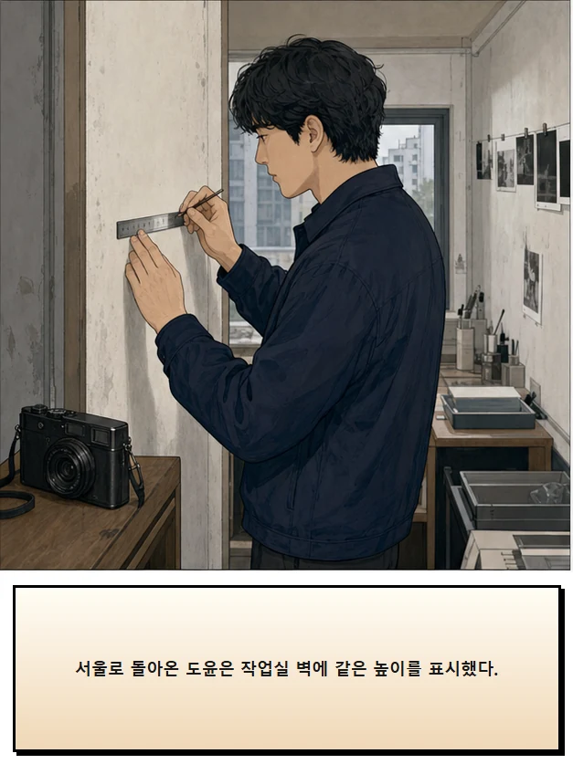 21화: 펴 둔 걸이 17페이지. 서울로 돌아온 도윤은 작업실 벽에 같은 높이를 표시했다.