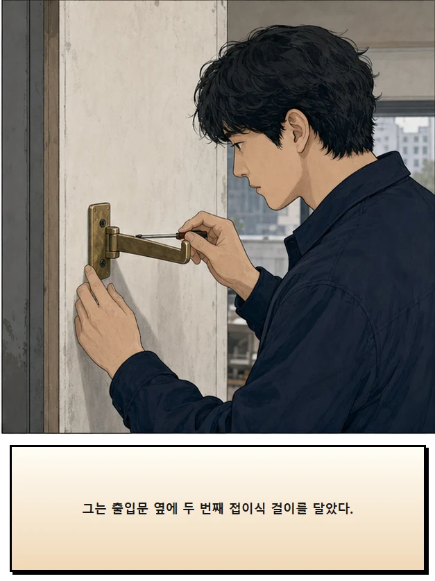 21화: 펴 둔 걸이 18페이지. 그는 출입문 옆에 두 번째 접이식 걸이를 달았다.