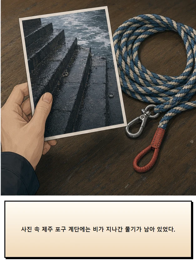 22화: 잡을 수 있는 선 2페이지. 사진 속 제주 포구 계단에는 비가 지나간 물기가 남아 있었다.