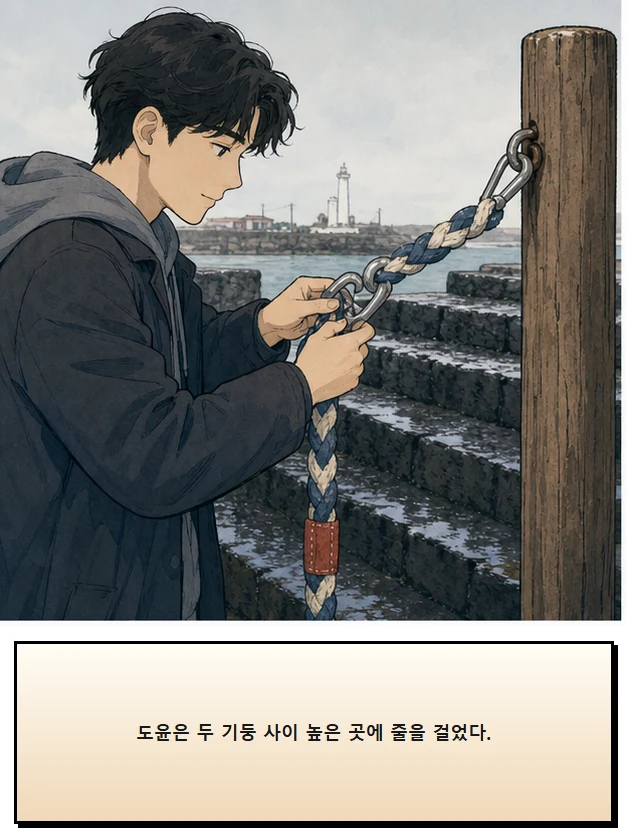 22화: 잡을 수 있는 선 5페이지. 도윤은 두 기둥 사이 높은 곳에 줄을 걸었다.