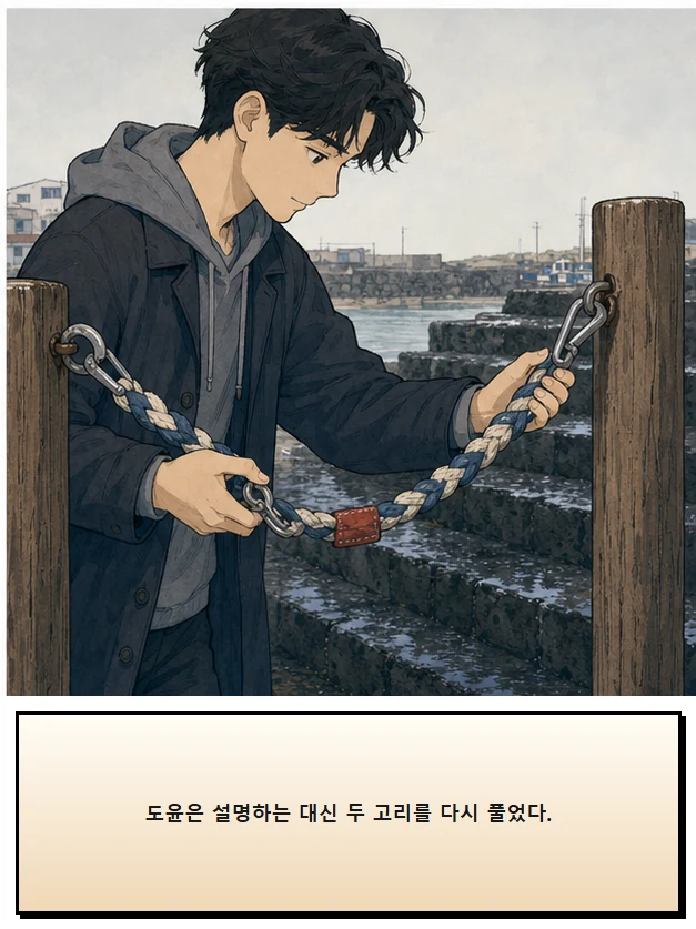 22화: 잡을 수 있는 선 8페이지. 도윤은 설명하는 대신 두 고리를 다시 풀었다.