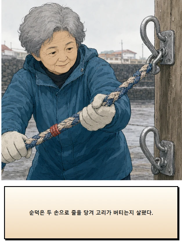 22화: 잡을 수 있는 선 10페이지. 순덕은 두 손으로 줄을 당겨 고리가 버티는지 살폈다.