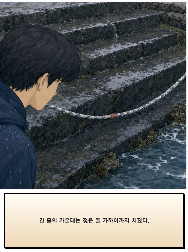 22화: 잡을 수 있는 선 11페이지. 긴 줄의 가운데는 젖은 돌 가까이까지 처졌다.