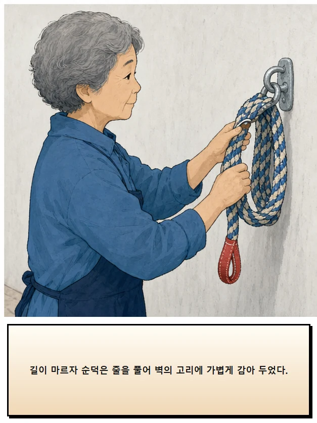 22화: 잡을 수 있는 선 16페이지. 길이 마르자 순덕은 줄을 풀어 벽의 고리에 가볍게 감아 두었다.