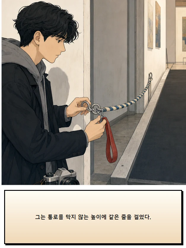 22화: 잡을 수 있는 선 18페이지. 그는 통로를 막지 않는 높이에 같은 줄을 걸었다.