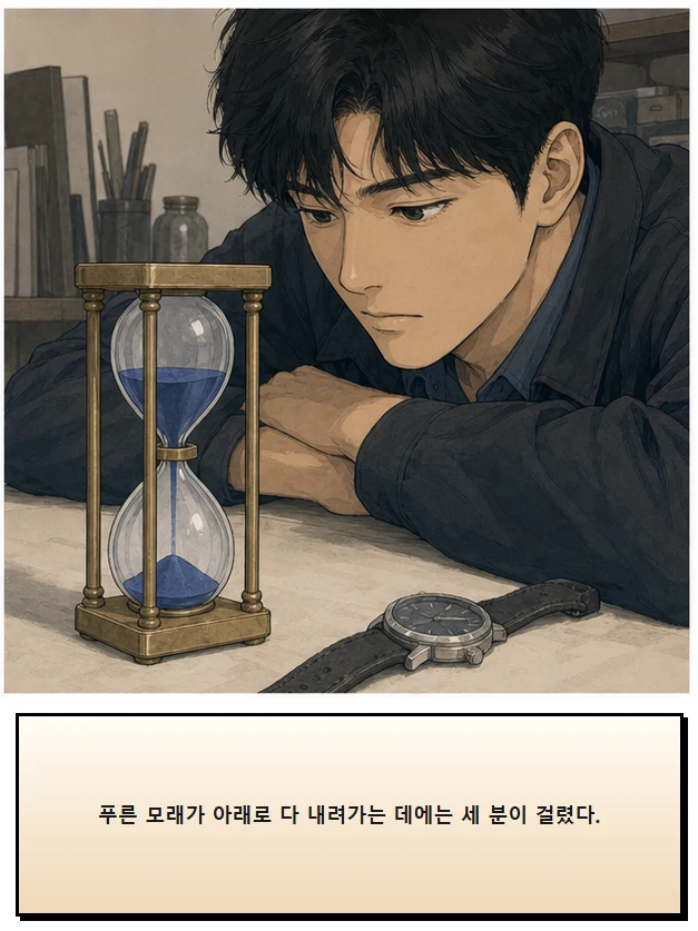 23화: 뒤집을 수 있는 시간 2페이지. 푸른 모래가 아래로 다 내려가는 데에는 세 분이 걸렸다.