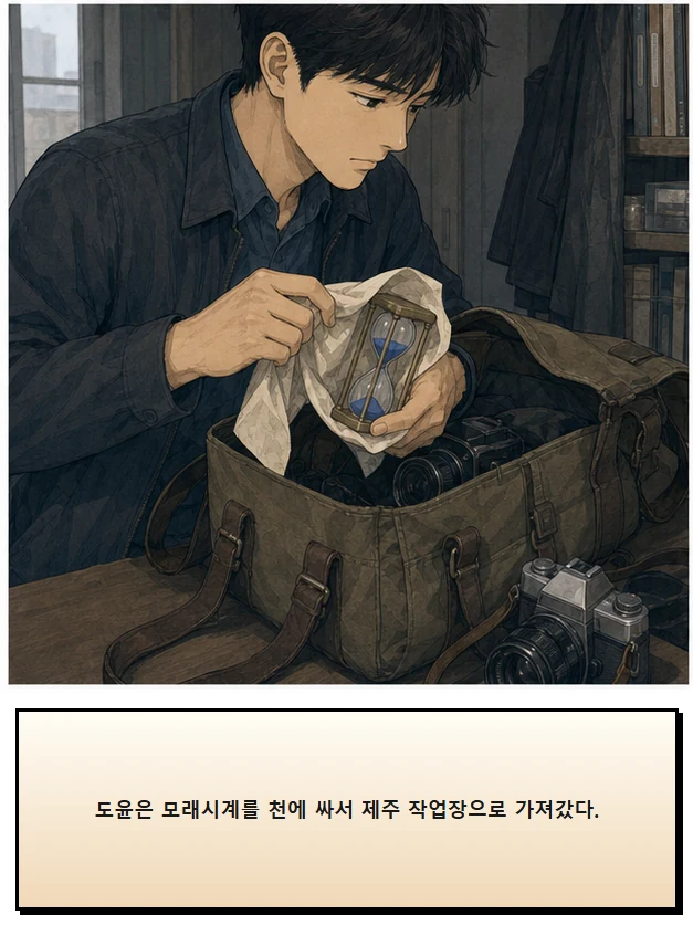 23화: 뒤집을 수 있는 시간 3페이지. 도윤은 모래시계를 천에 싸서 제주 작업장으로 가져갔다.