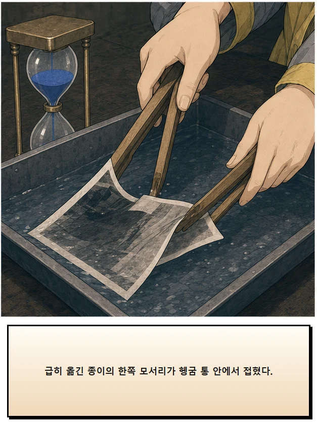 23화: 뒤집을 수 있는 시간 7페이지. 급히 옮긴 종이의 한쪽 모서리가 헹굼 통 안에서 접혔다.