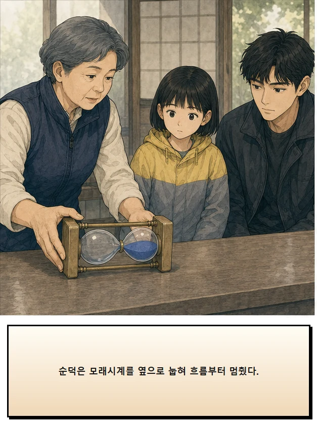 23화: 뒤집을 수 있는 시간 9페이지. 순덕은 모래시계를 옆으로 눕혀 흐름부터 멈췄다.
