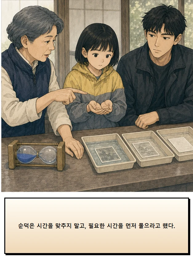 23화: 뒤집을 수 있는 시간 10페이지. 순덕은 시간을 맞추지 말고, 필요한 시간을 먼저 물으라고 했다.