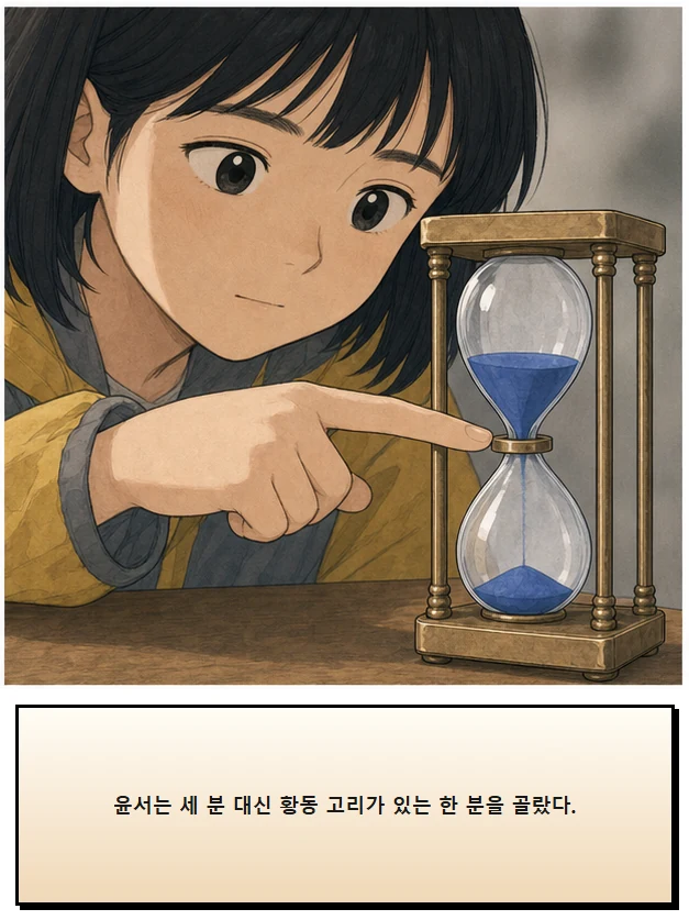 23화: 뒤집을 수 있는 시간 14페이지. 윤서는 세 분 대신 황동 고리가 있는 한 분을 골랐다.