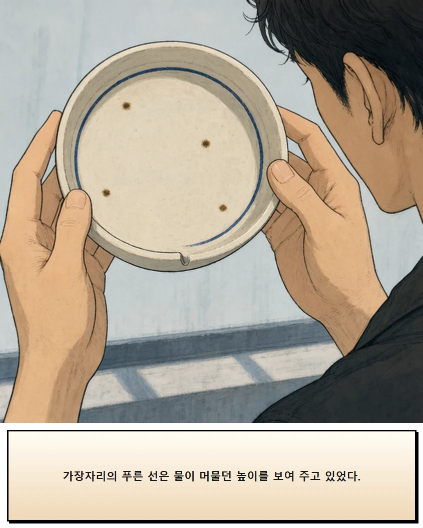 24화: 물이 머무는 받침 2페이지. 가장자리의 푸른 선은 물이 머물던 높이를 보여 주고 있었다.