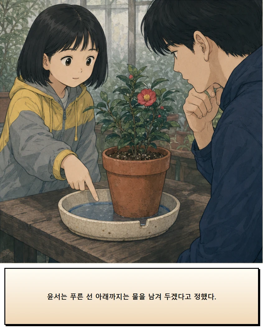 24화: 물이 머무는 받침 8페이지. 윤서는 푸른 선 아래까지는 물을 남겨 두겠다고 정했다.