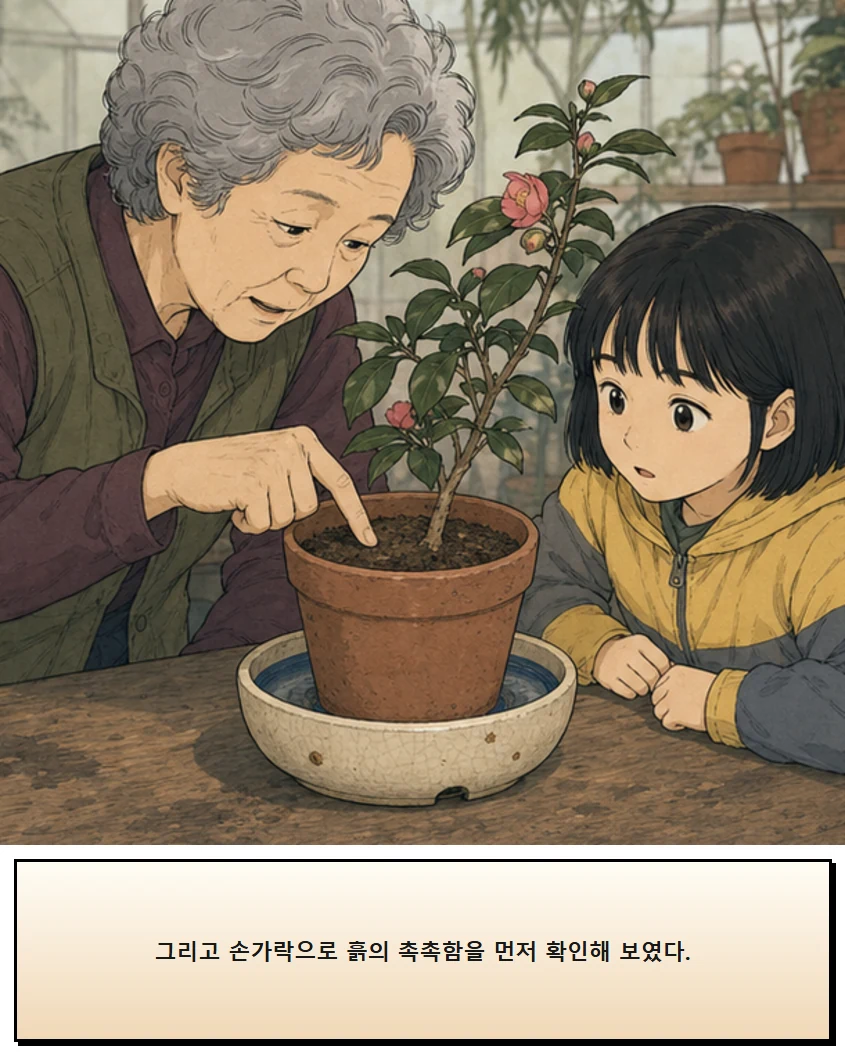 24화: 물이 머무는 받침 10페이지. 그리고 손가락으로 흙의 촉촉함을 먼저 확인해 보였다.