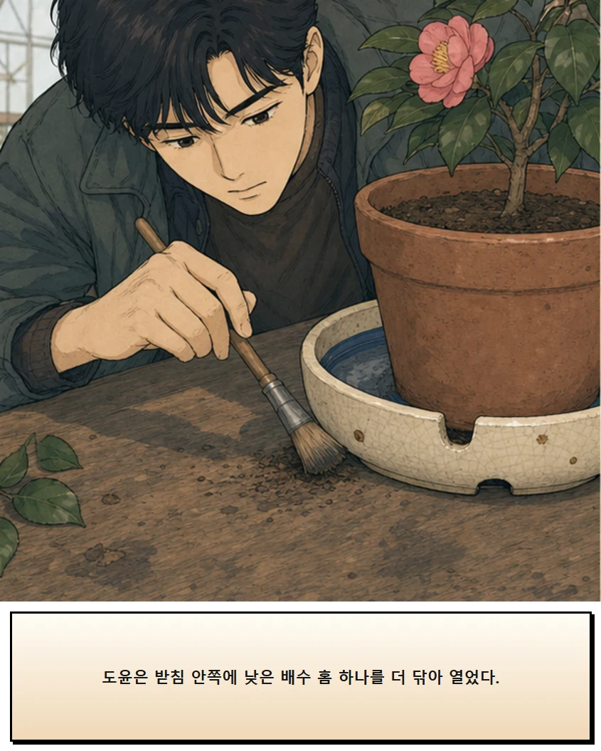 24화: 물이 머무는 받침 11페이지. 도윤은 받침 안쪽에 낮은 배수 홈 하나를 더 닦아 열었다.
