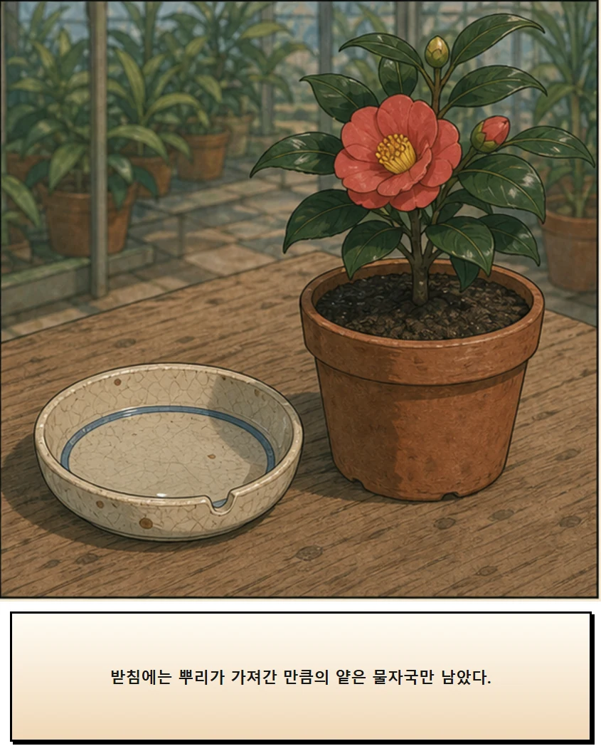 24화: 물이 머무는 받침 16페이지. 받침에는 뿌리가 가져간 만큼의 얕은 물자국만 남았다.