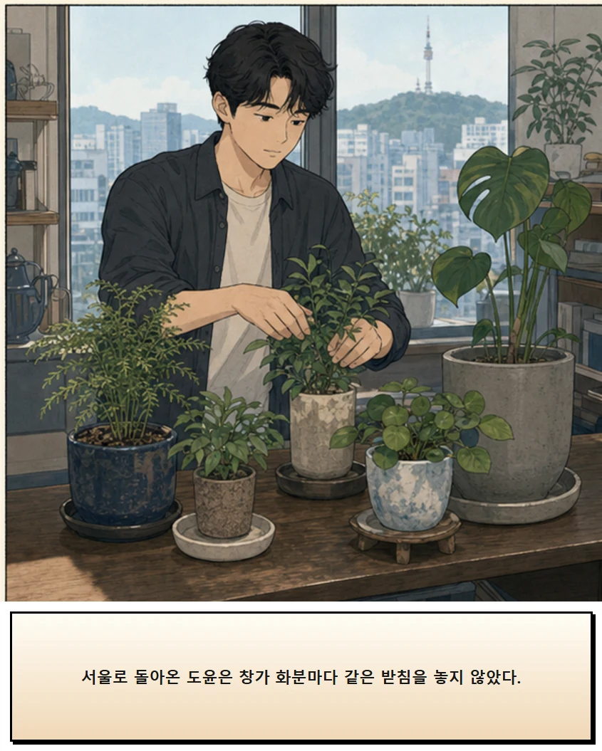24화: 물이 머무는 받침 17페이지. 서울로 돌아온 도윤은 창가 화분마다 같은 받침을 놓지 않았다.