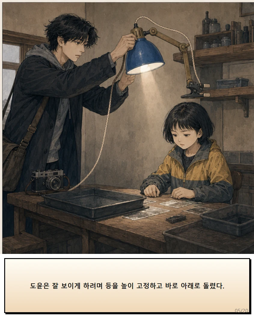 25화: 돌려 맞춘 빛 5페이지. 도윤은 잘 보이게 하려며 등을 높이 고정하고 바로 아래로 돌렸다.