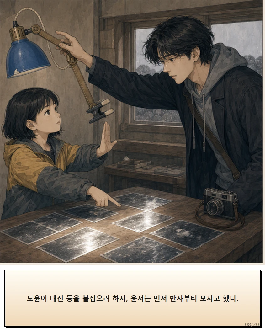 25화: 돌려 맞춘 빛 8페이지. 도윤이 대신 등을 붙잡으려 하자, 윤서는 먼저 반사부터 보자고 했다.