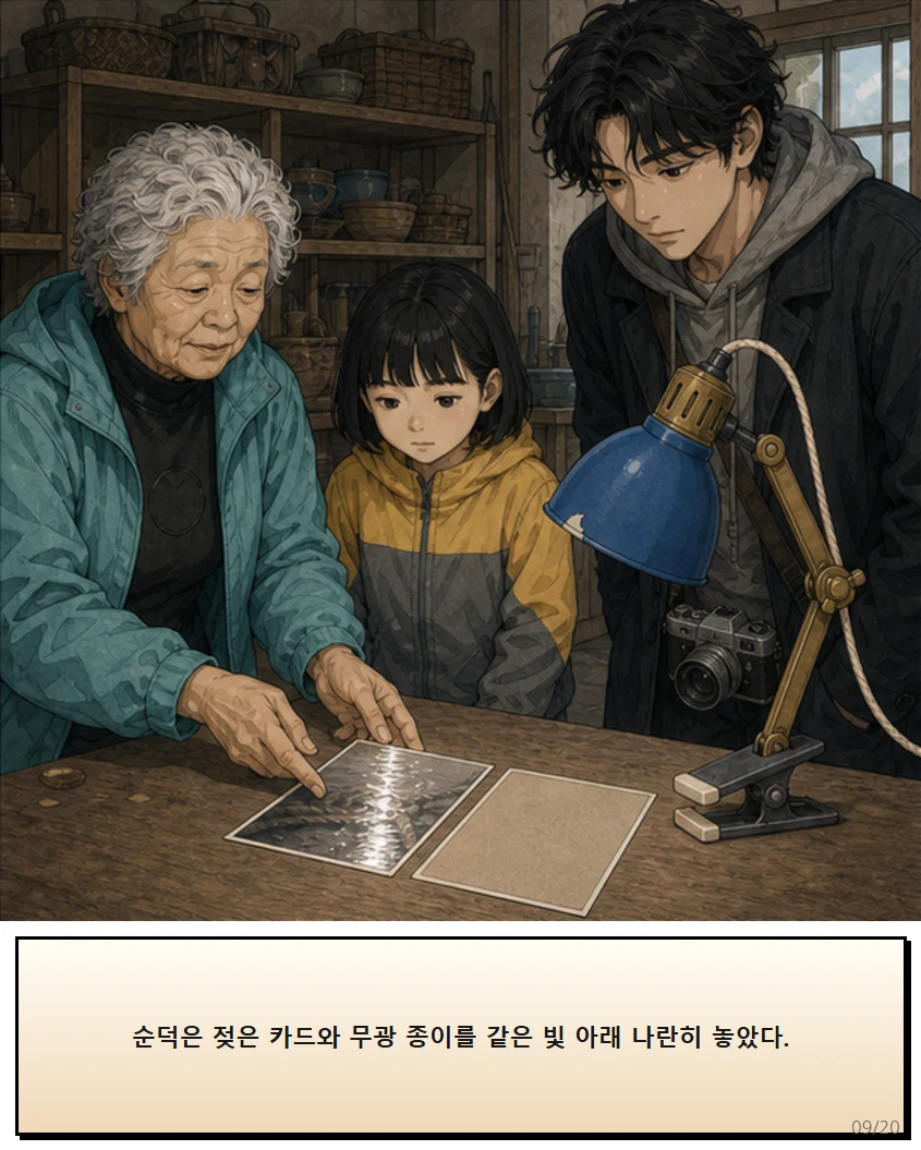 25화: 돌려 맞춘 빛 9페이지. 순덕은 젖은 카드와 무광 종이를 같은 빛 아래 나란히 놓았다.