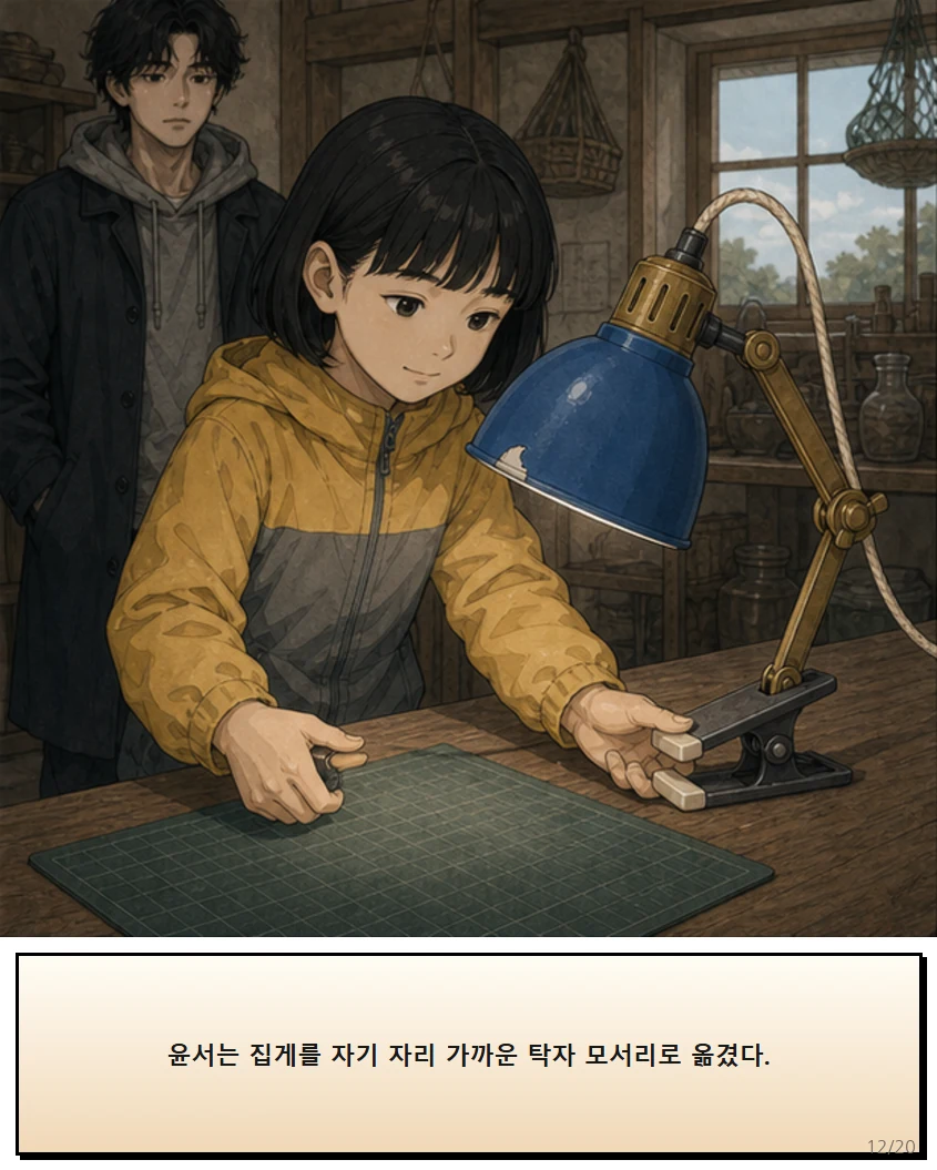 25화: 돌려 맞춘 빛 12페이지. 윤서는 집게를 자기 자리 가까운 탁자 모서리로 옮겼다.