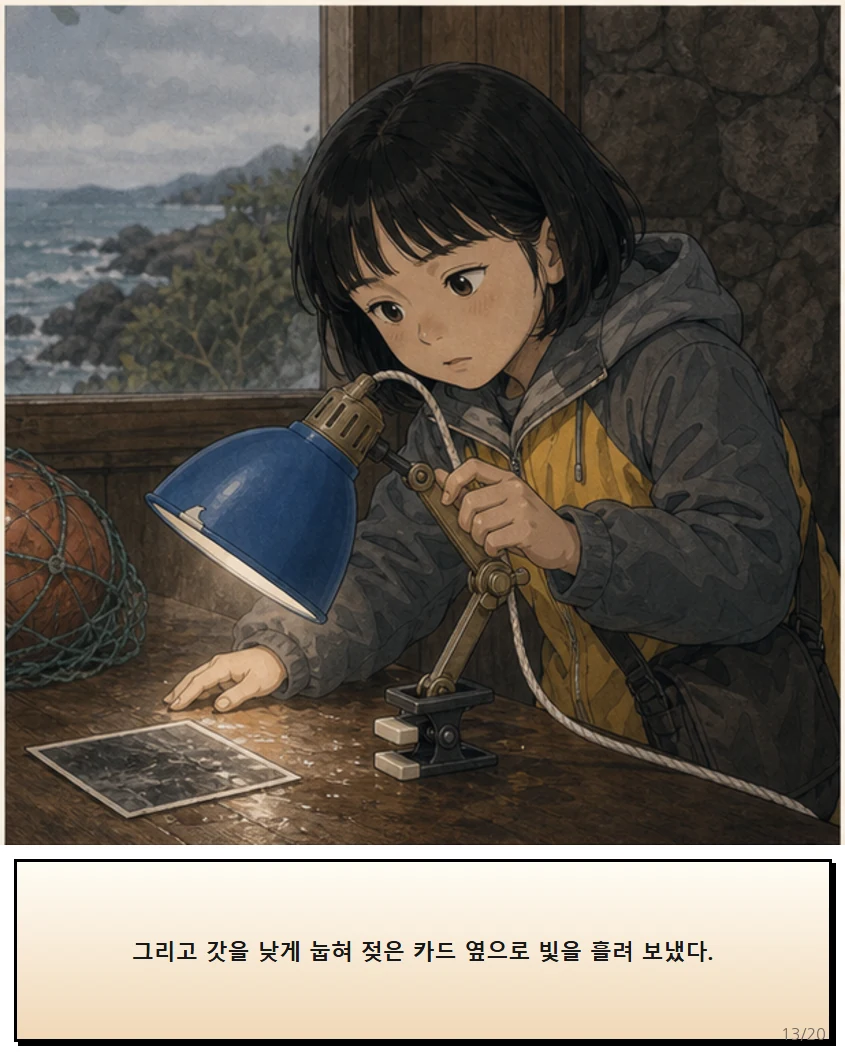 25화: 돌려 맞춘 빛 13페이지. 그리고 갓을 낮게 눕혀 젖은 카드 옆으로 빛을 흘려 보냈다.