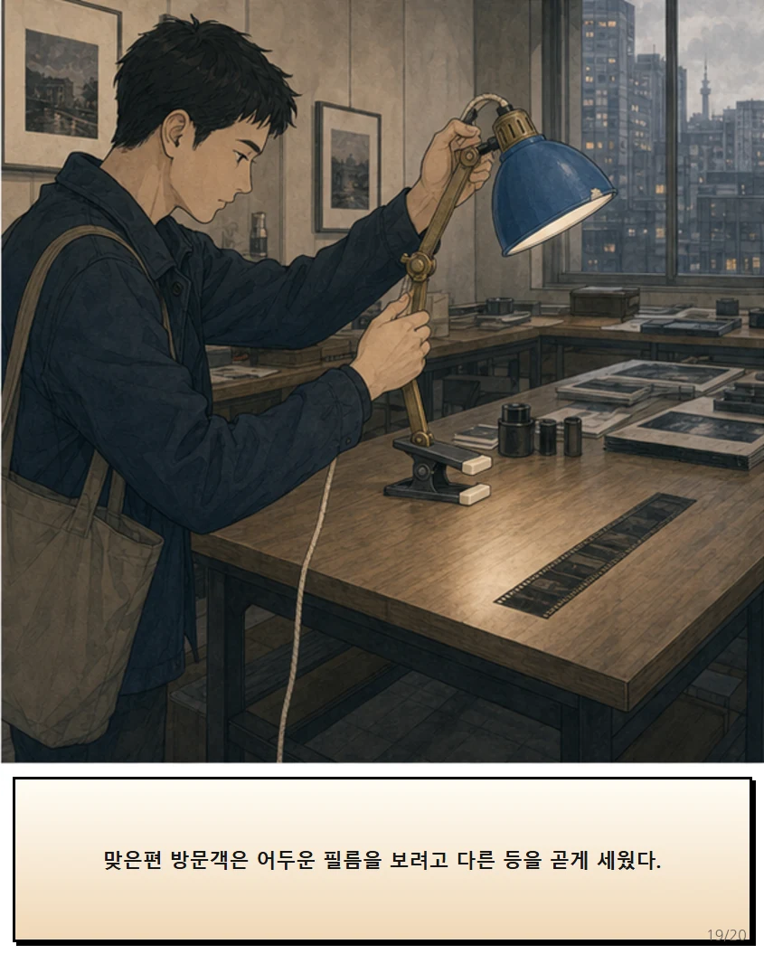 25화: 돌려 맞춘 빛 19페이지. 맞은편 방문객은 어두운 필름을 보려고 다른 등을 곧게 세웠다.