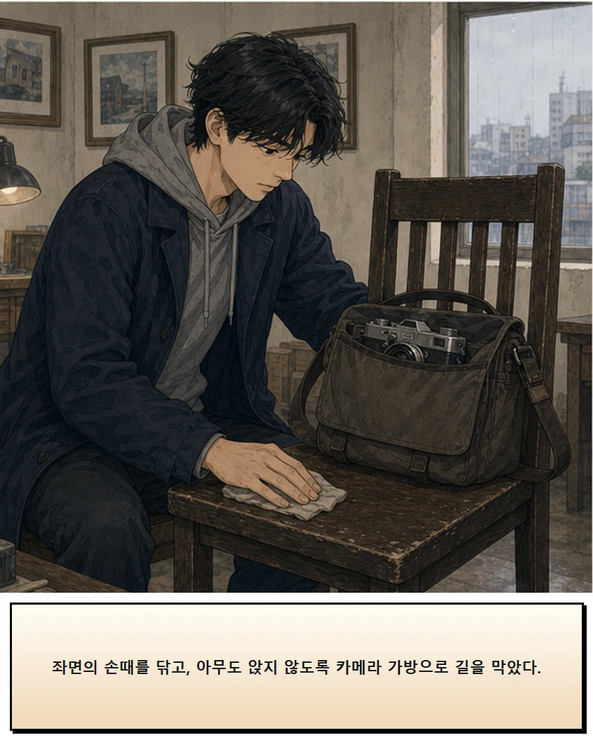 26화: 갈아 둔 천 2페이지. 좌면의 손때를 닦고, 아무도 앉지 않도록 카메라 가방으로 길을 막았다.