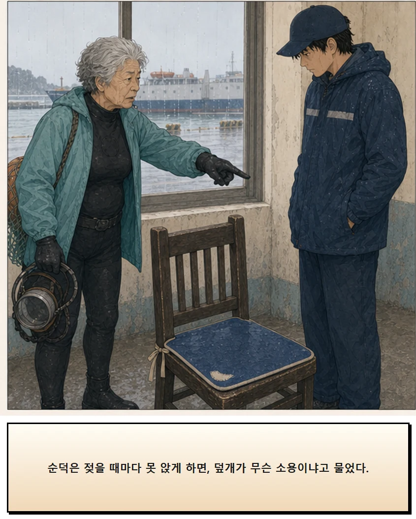 26화: 갈아 둔 천 7페이지. 순덕은 젖을 때마다 못 앉게 하면, 덮개가 무슨 소용이냐고 물었다.