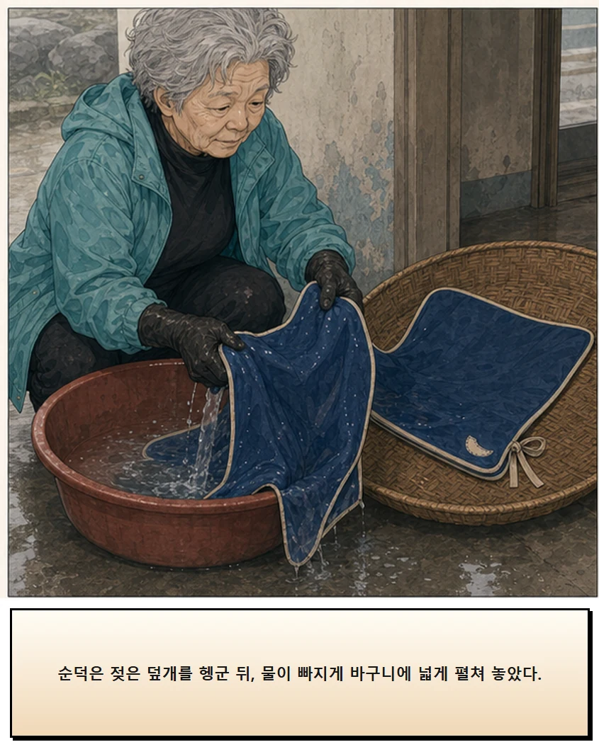 26화: 갈아 둔 천 9페이지. 순덕은 젖은 덮개를 헹군 뒤, 물이 빠지게 바구니에 넓게 펼쳐 놓았다.