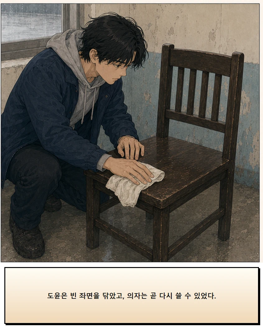 26화: 갈아 둔 천 10페이지. 도윤은 빈 좌면을 닦았고, 의자는 곧 다시 쓸 수 있었다.