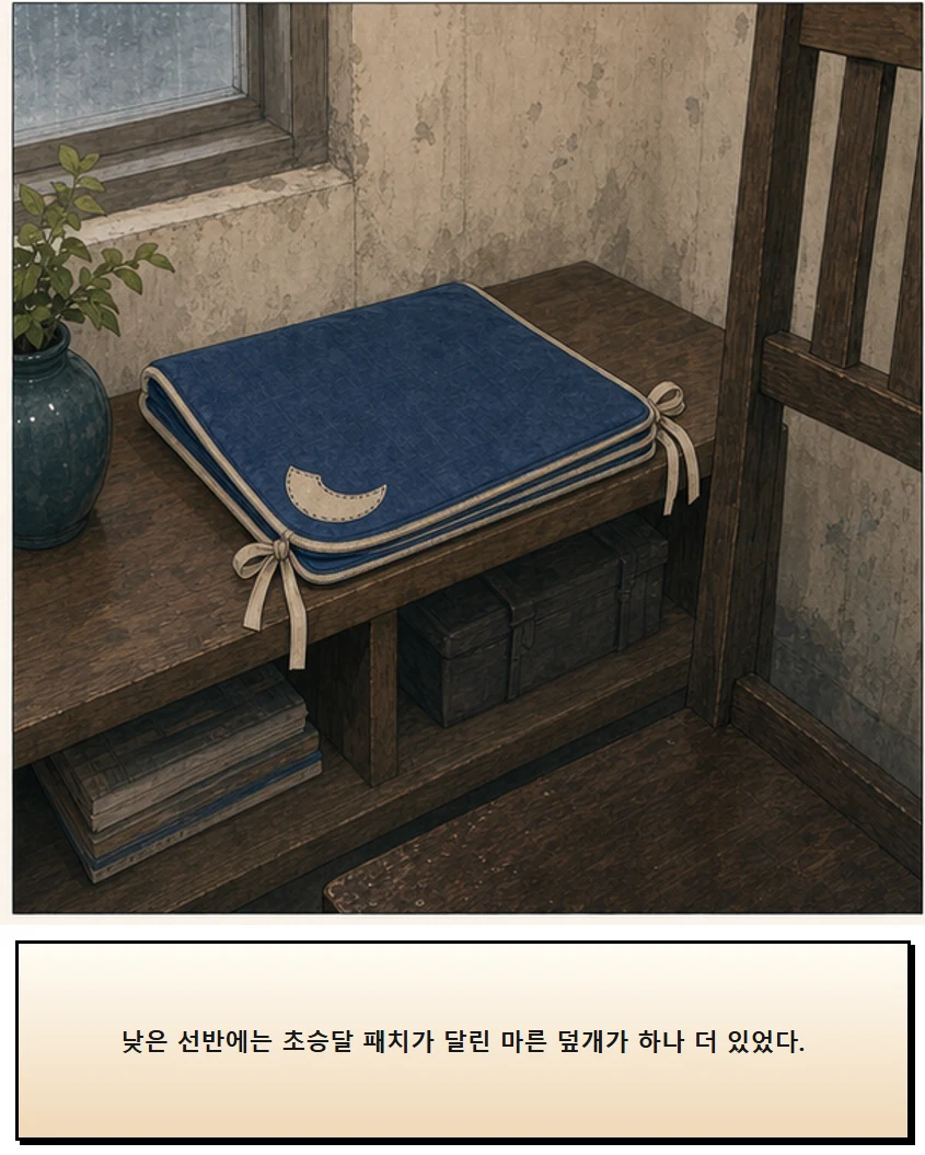 26화: 갈아 둔 천 11페이지. 낮은 선반에는 초승달 패치가 달린 마른 덮개가 하나 더 있었다.