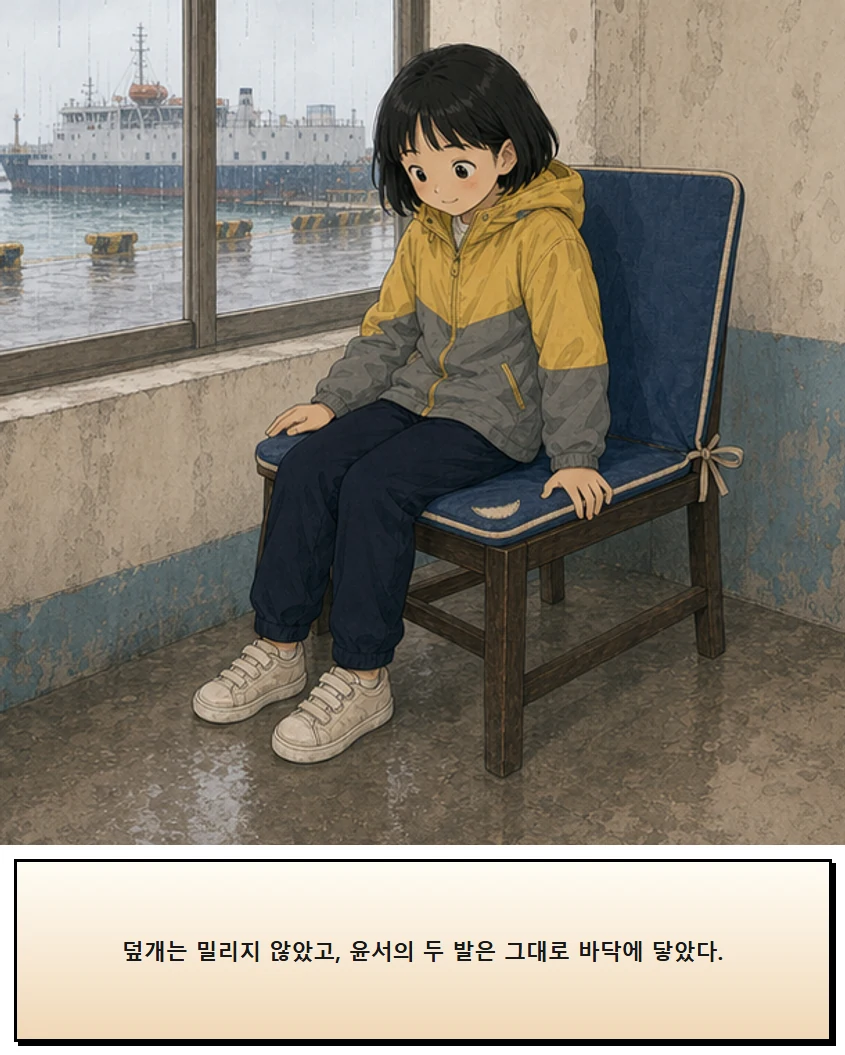 26화: 갈아 둔 천 14페이지. 덮개는 밀리지 않았고, 윤서의 두 발은 그대로 바닥에 닿았다.