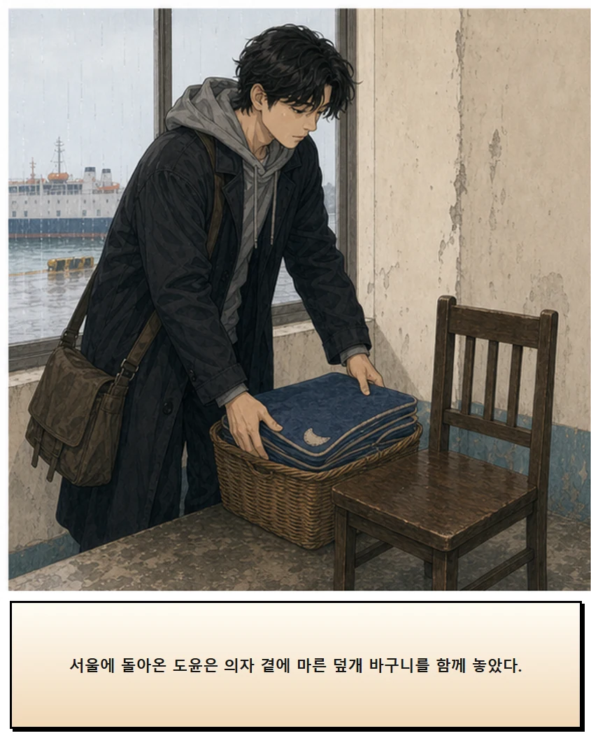 26화: 갈아 둔 천 17페이지. 서울에 돌아온 도윤은 의자 곁에 마른 덮개 바구니를 함께 놓았다.