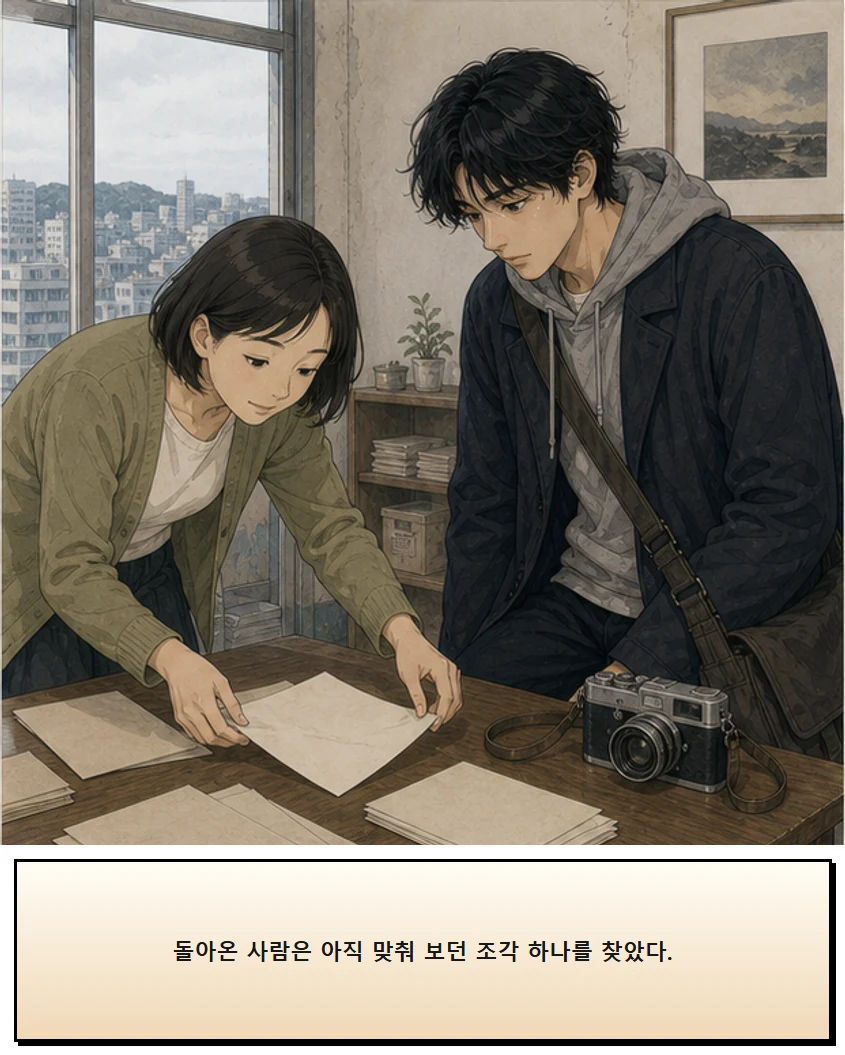 27화: 끝나고 쓰는 빗자루 2페이지. 돌아온 사람은 아직 맞춰 보던 조각 하나를 찾았다.
