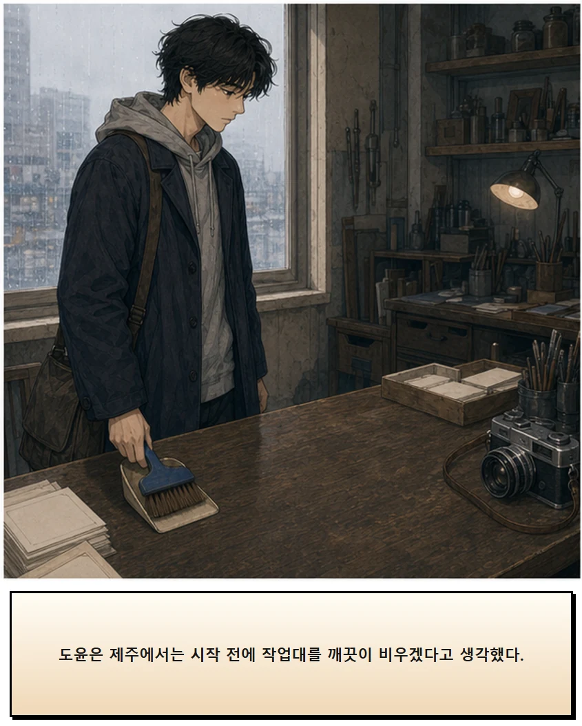 27화: 끝나고 쓰는 빗자루 3페이지. 도윤은 제주에서는 시작 전에 작업대를 깨끗이 비우겠다고 생각했다.