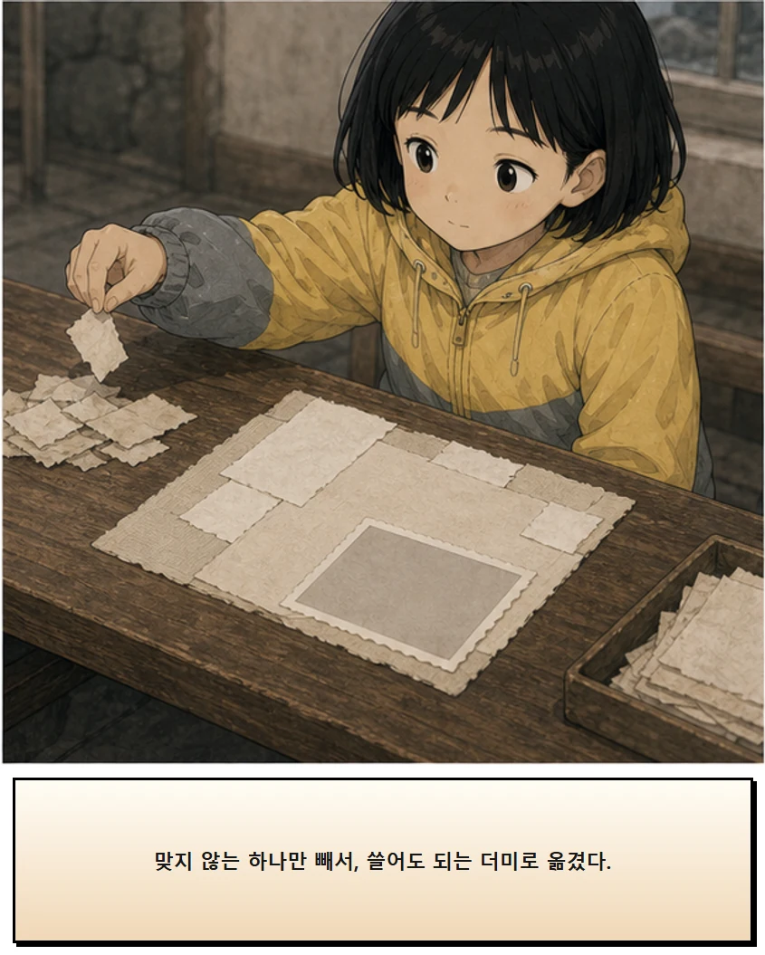27화: 끝나고 쓰는 빗자루 11페이지. 맞지 않는 하나만 빼서, 쓸어도 되는 더미로 옮겼다.
