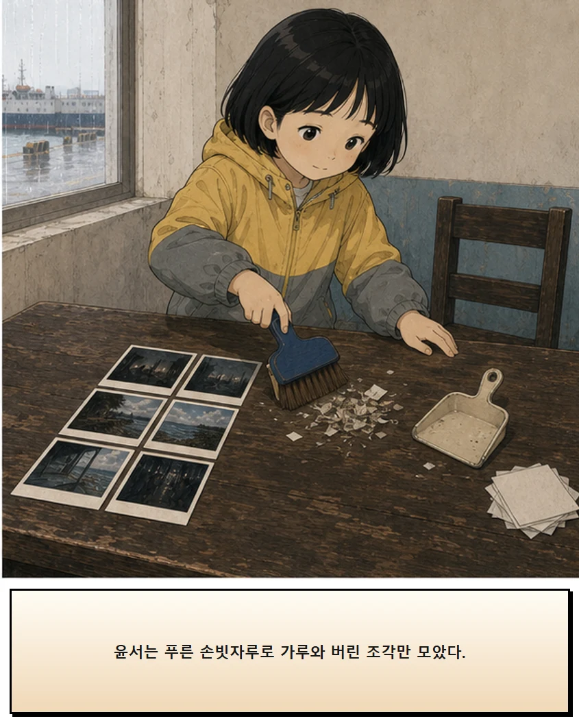 27화: 끝나고 쓰는 빗자루 14페이지. 윤서는 푸른 손빗자루로 가루와 버린 조각만 모았다.