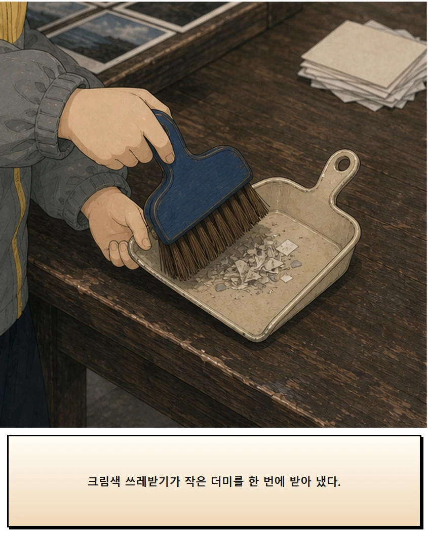 27화: 끝나고 쓰는 빗자루 15페이지. 크림색 쓰레받기가 작은 더미를 한 번에 받아 냈다.