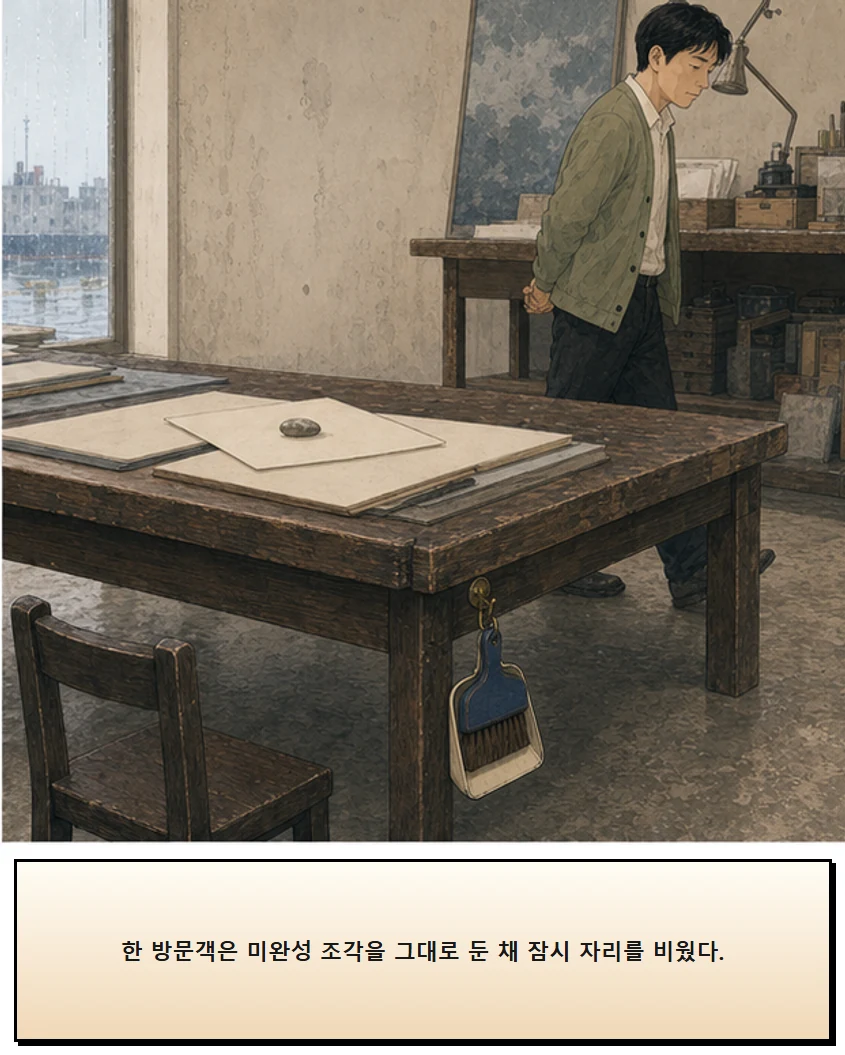27화: 끝나고 쓰는 빗자루 18페이지. 한 방문객은 미완성 조각을 그대로 둔 채 잠시 자리를 비웠다.