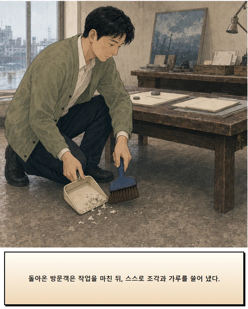 27화: 끝나고 쓰는 빗자루 19페이지. 돌아온 방문객은 작업을 마친 뒤, 스스로 조각과 가루를 쓸어 냈다.